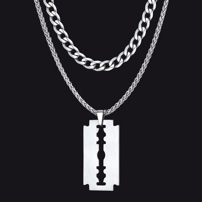 Cuban Chain & Eboy Razor Blade Necklace Set for