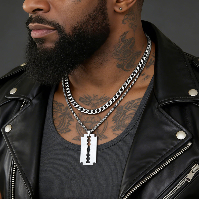 Cuban Chain & Eboy Razor Blade Necklace Set for