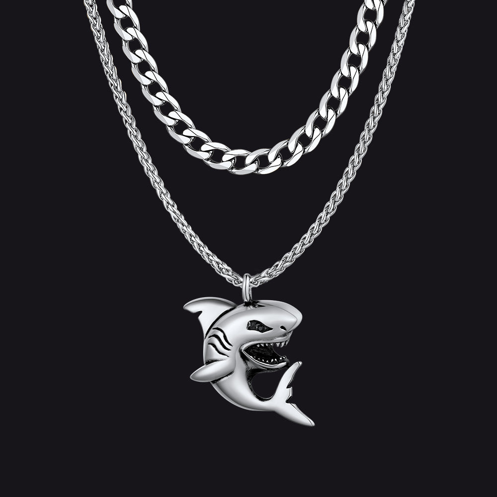 Cuban Chain & Punk Shark Necklace Set for
