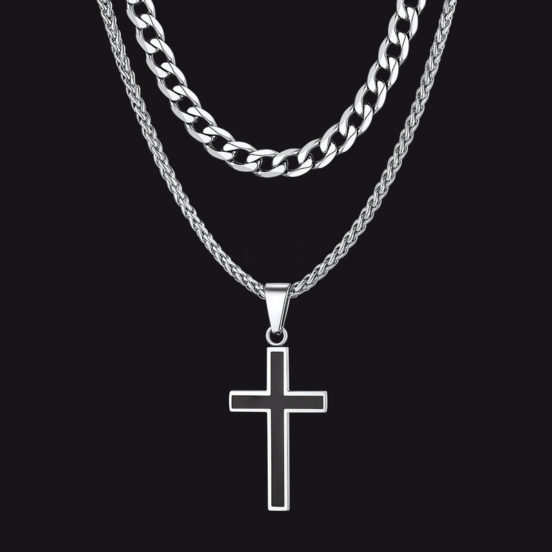 Cuban Curb Chain & Enamel Cross Layered Necklaces Set for