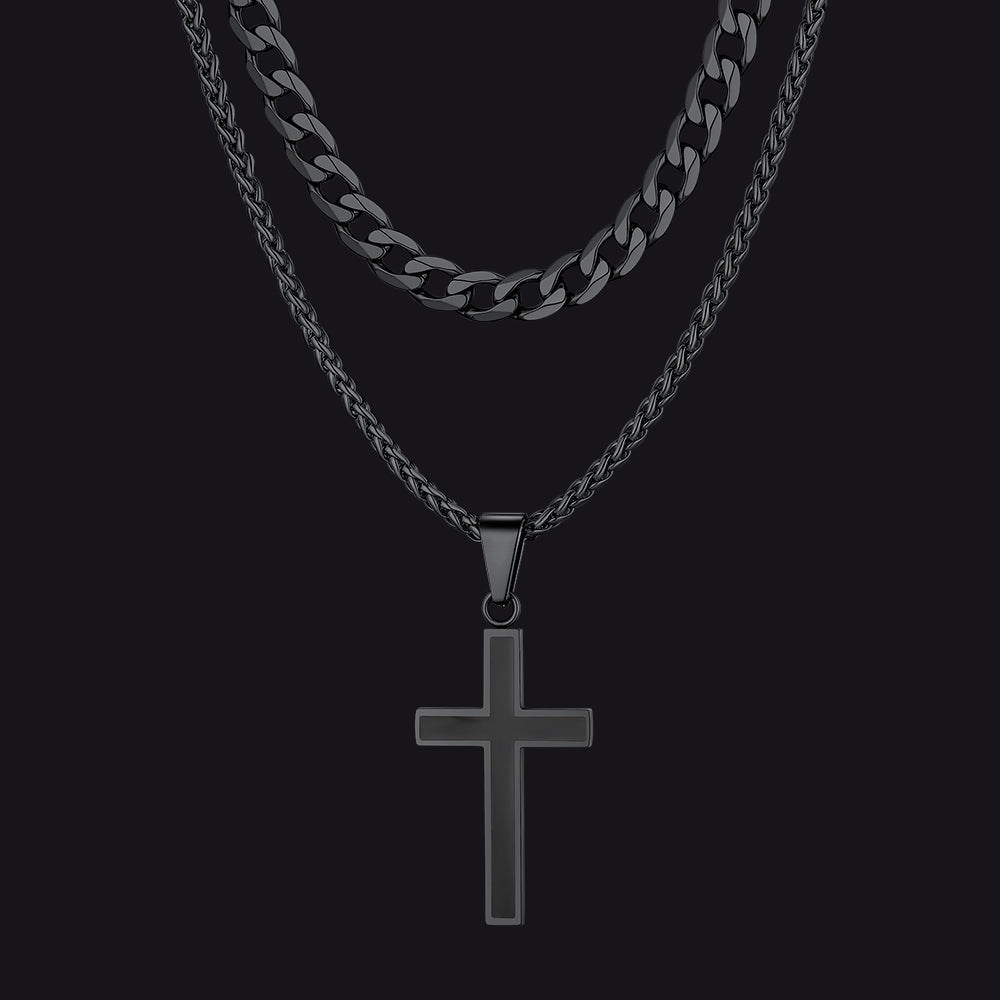 Cuban Curb Chain & Enamel Cross Layered Necklaces Set for