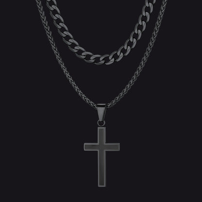 Cuban Curb Chain & Enamel Cross Layered Necklaces Set for
