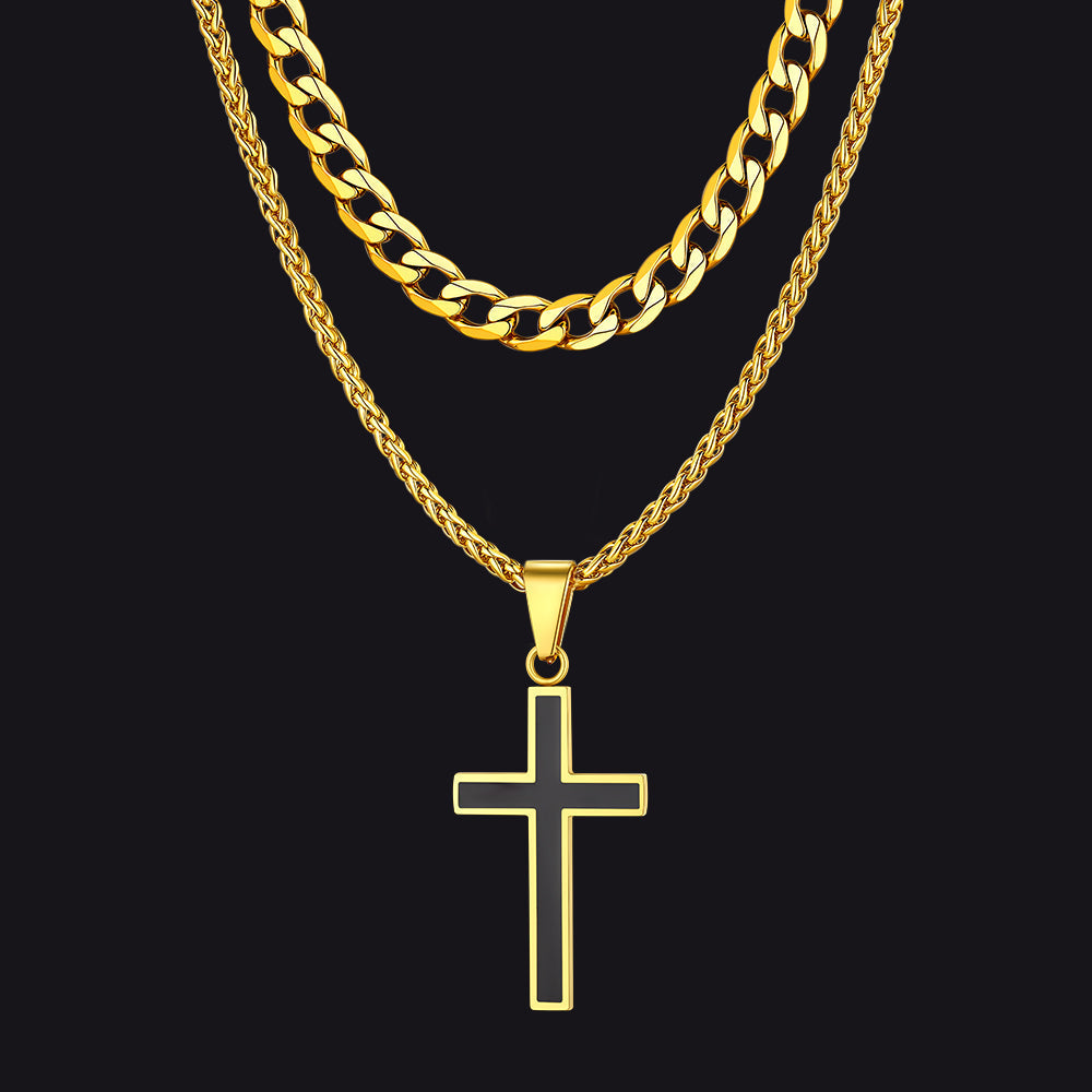 Cuban Curb Chain & Enamel Cross Layered Necklaces Set for
