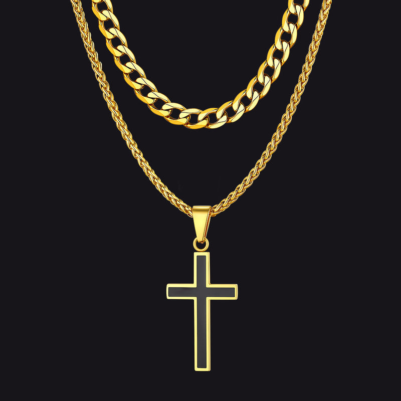 Cuban Curb Chain & Enamel Cross Layered Necklaces Set for