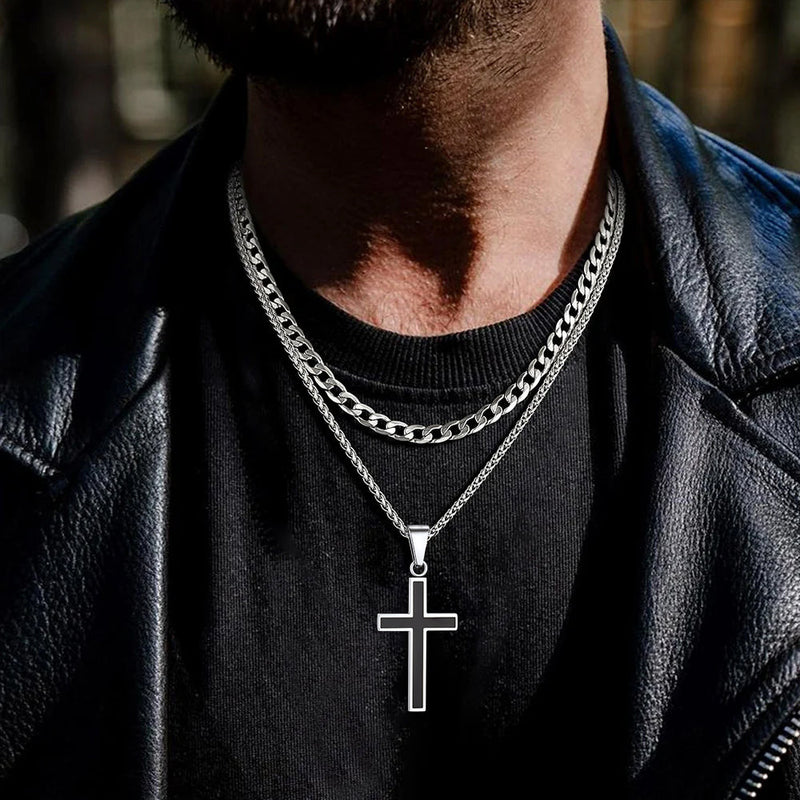 Cuban Curb Chain & Enamel Cross Layered Necklaces Set for