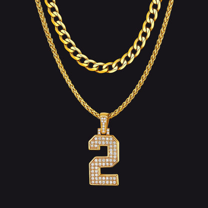 Cuban Chain & Baseball Jersey Number Layered Necklaces Set for
