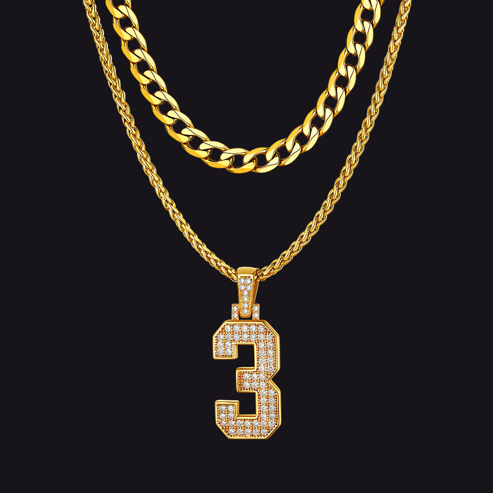 Cuban Chain & Baseball Jersey Number Layered Necklaces Set for
