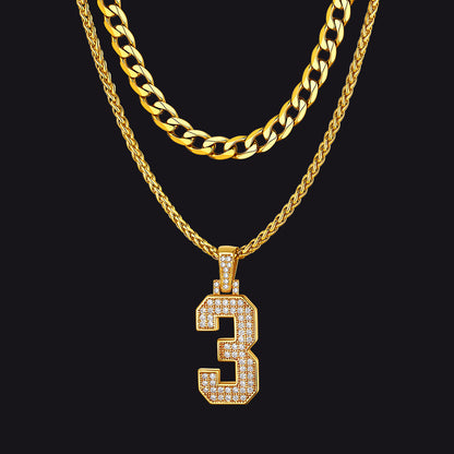 Cuban Chain & Baseball Jersey Number Layered Necklaces Set for