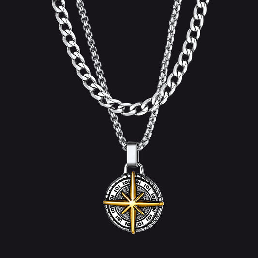 Curb Chain & Polaris Compass Pendant Layered Necklaces Set for
