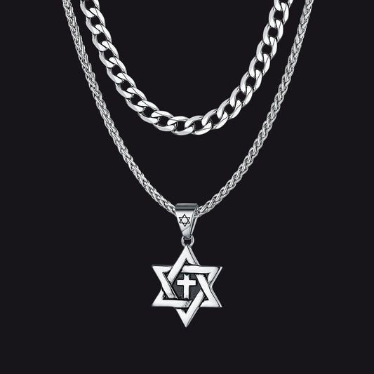Curb Chain & Star of David With Cross Layered Necklaces Set for