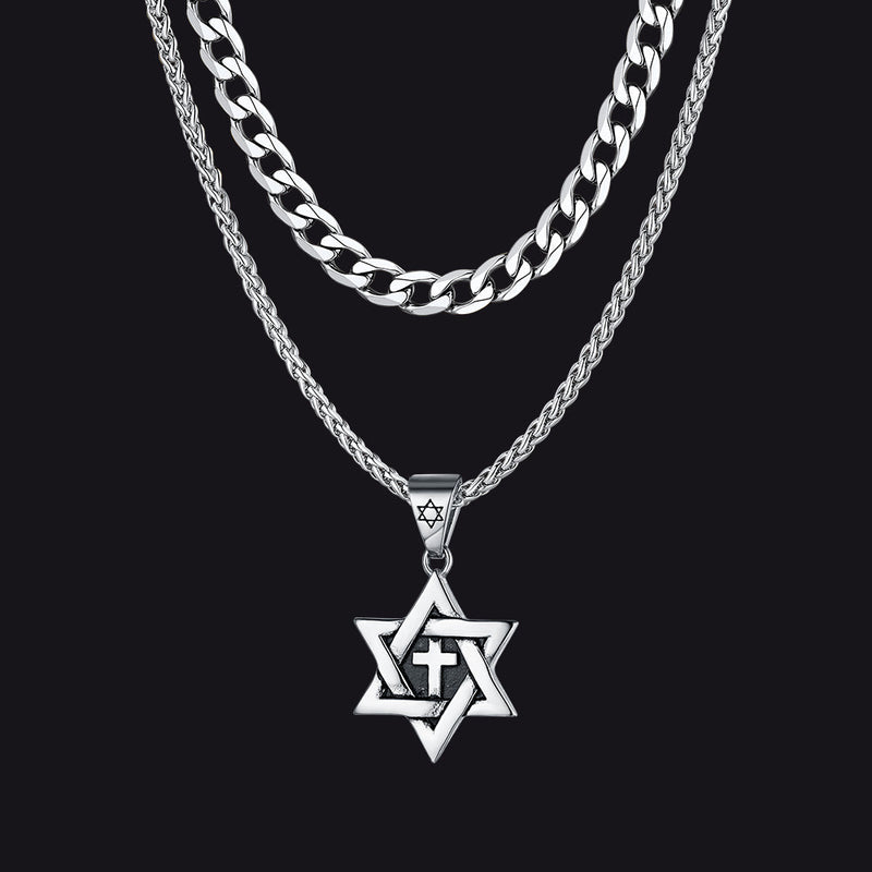Curb Chain & Star of David With Cross Layered Necklaces Set for