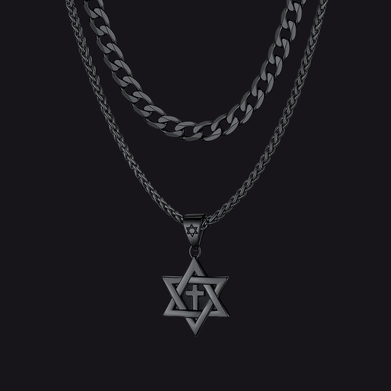 Curb Chain & Star of David With Cross Layered Necklaces Set for