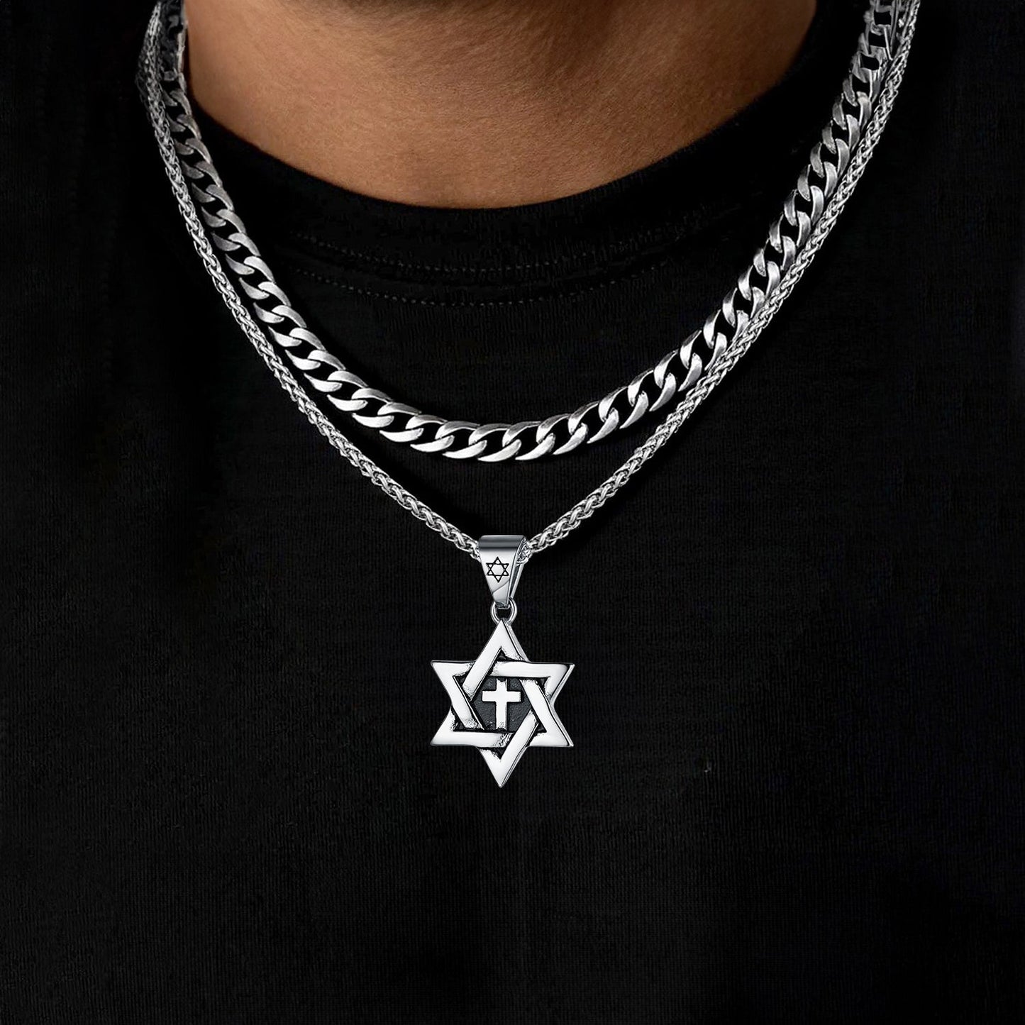 Curb Chain & Star of David With Cross Layered Necklaces Set for
