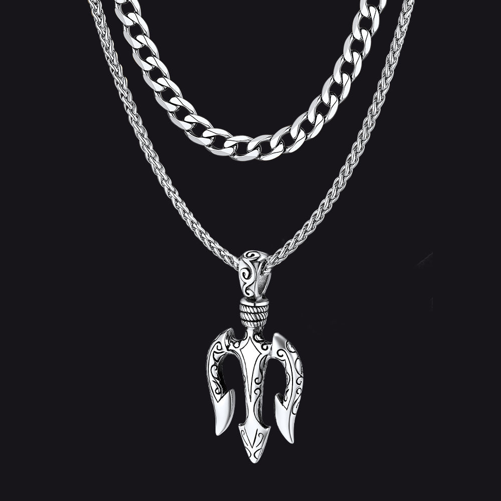 Poseidon Trident & Curb Chain Layered Necklaces Set for