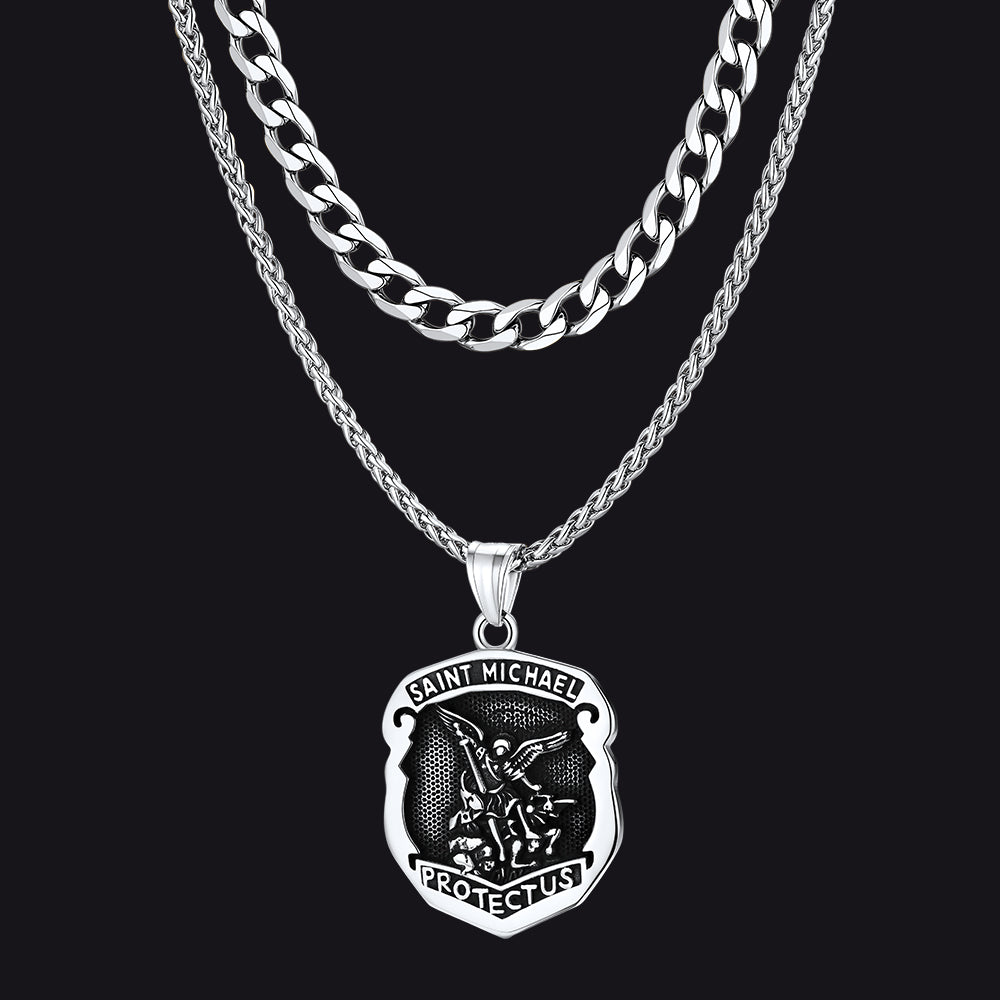 Cuban Chain & Saint Michael Necklace Layered Set for
