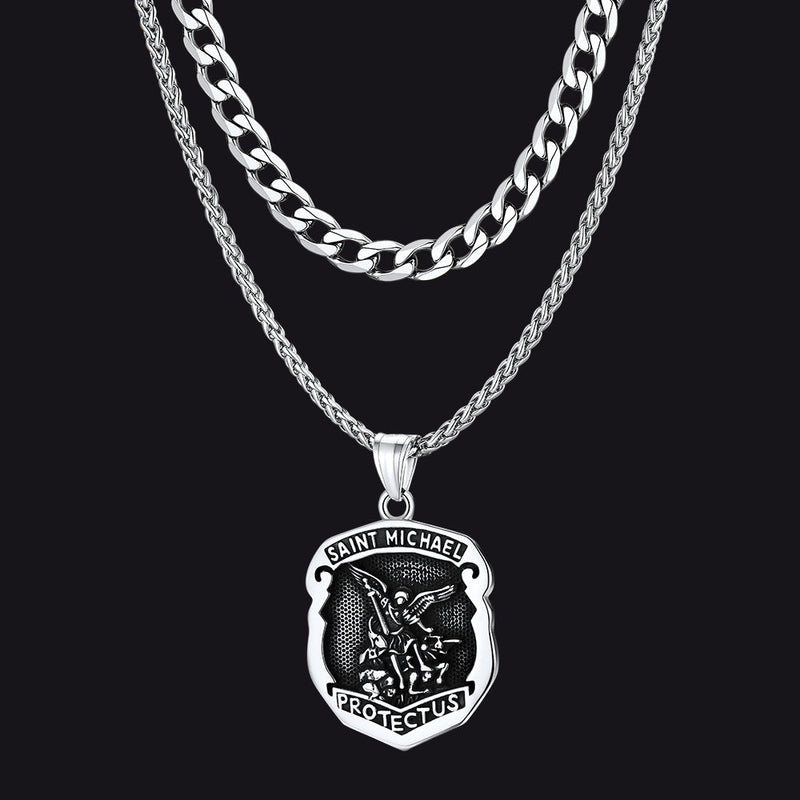 Cuban Chain & Saint Michael Necklace Layered Set for
