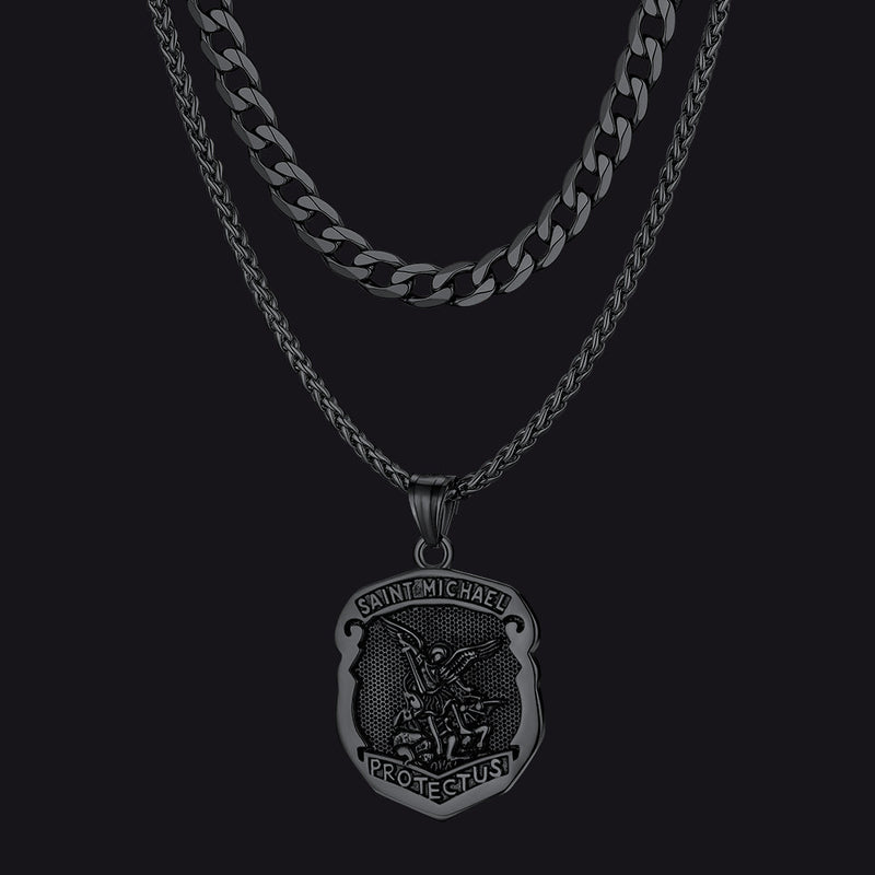 Cuban Chain & Saint Michael Necklace Layered Set for