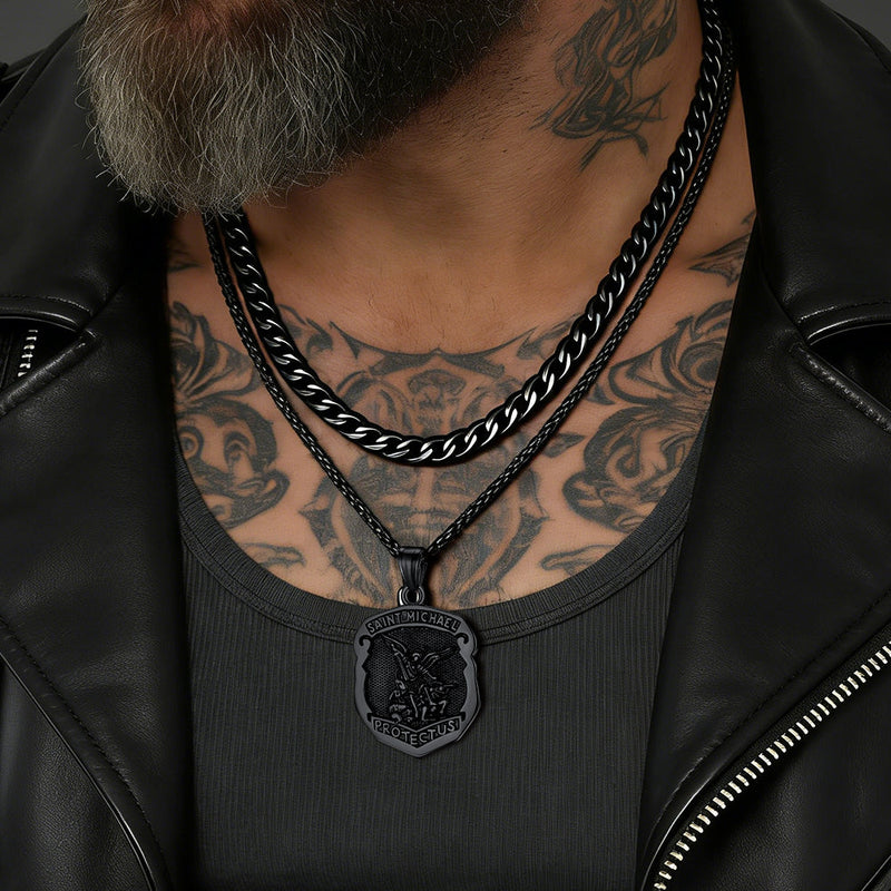 Cuban Chain & Saint Michael Necklace Layered Set for