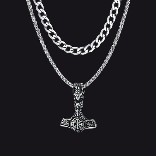 Cuban Curb Chain & Thor's Hammer Layered Necklaces Set for