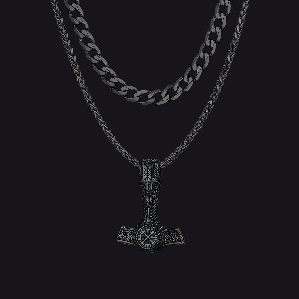 Cuban Curb Chain & Thor's Hammer Layered Necklaces Set for