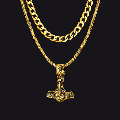 Cuban Curb Chain & Thor's Hammer Layered Necklaces Set for