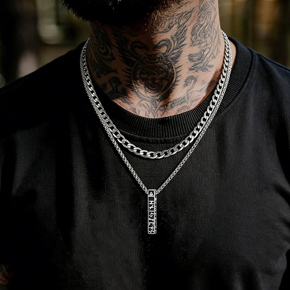 Cuban Chain & Viking Runes Bar Layered Necklaces Set for