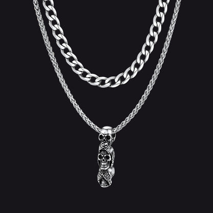 Cuban Curb Chain & Skull Layered Necklaces Set for