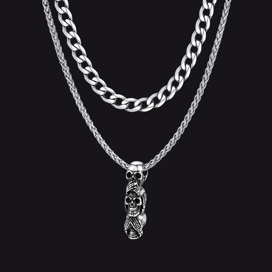 Cuban Curb Chain & Skull Layered Necklaces Set for