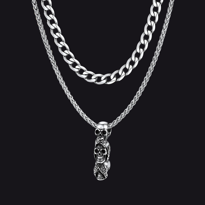 Cuban Curb Chain & Skull Layered Necklaces Set for