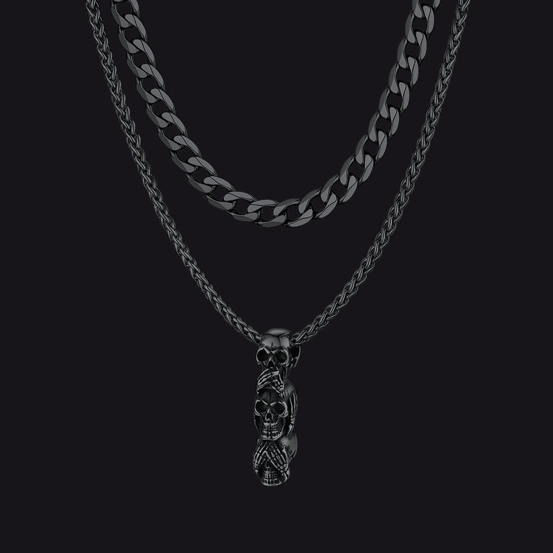 Cuban Curb Chain & Skull Layered Necklaces Set for