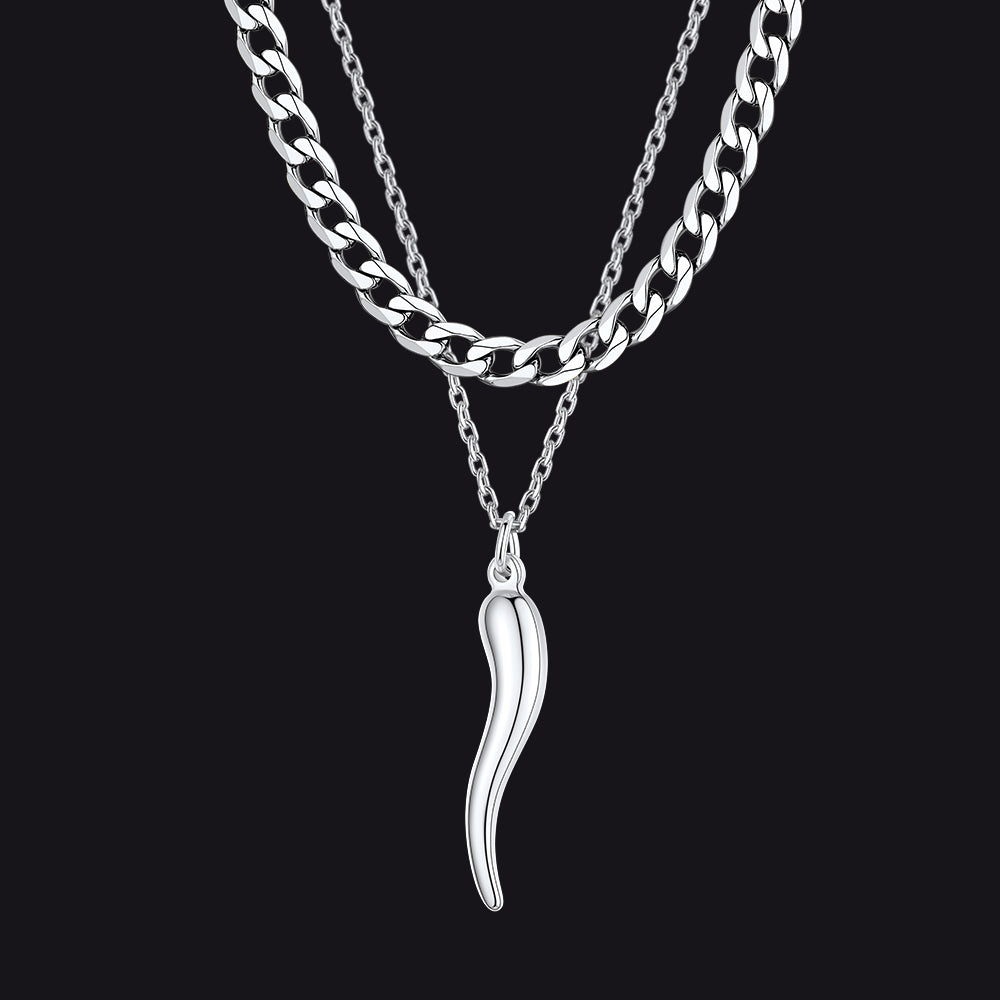 Cuban Chain & Italian Horn Layered Necklaces Set for