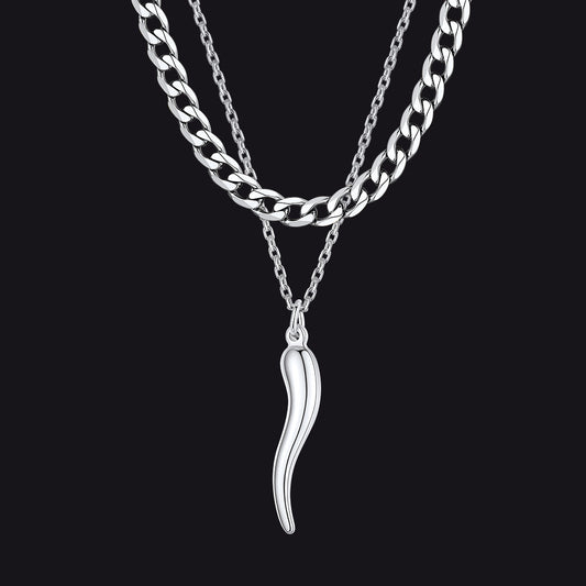 Cuban Chain & Italian Horn Layered Necklaces Set for