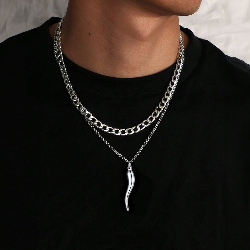 Cuban Chain & Italian Horn Layered Necklaces Set for
