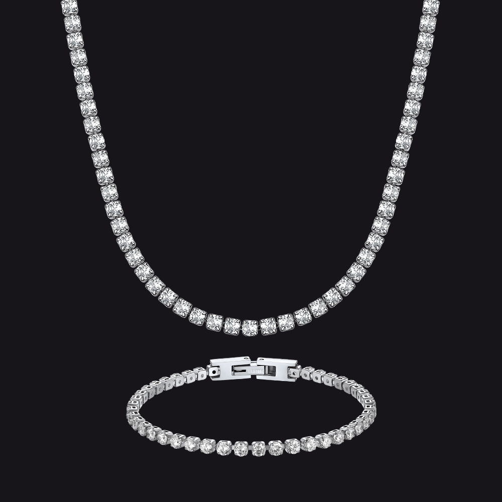 3mm Cz Diamond Cut Tennis Chain & Bracelet Set for