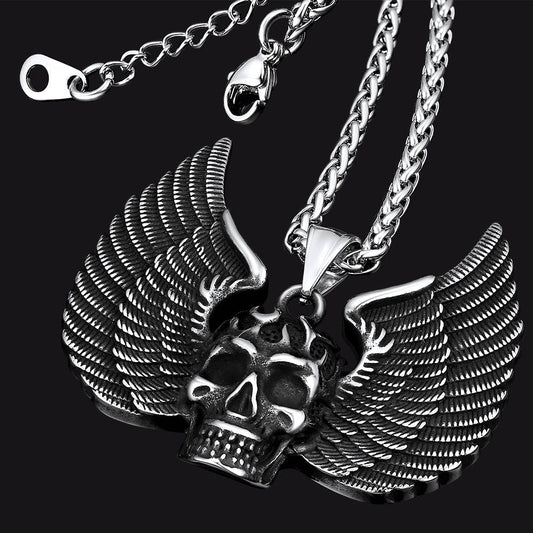 Gothic Flame Winged Skull Pendant Necklace for