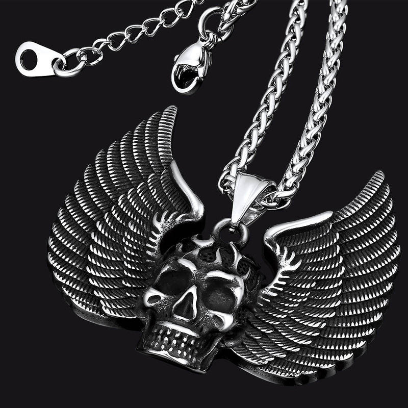 Gothic Flame Winged Skull Pendant Necklace for
