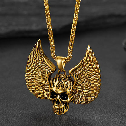 Gothic Flame Winged Skull Pendant Necklace for