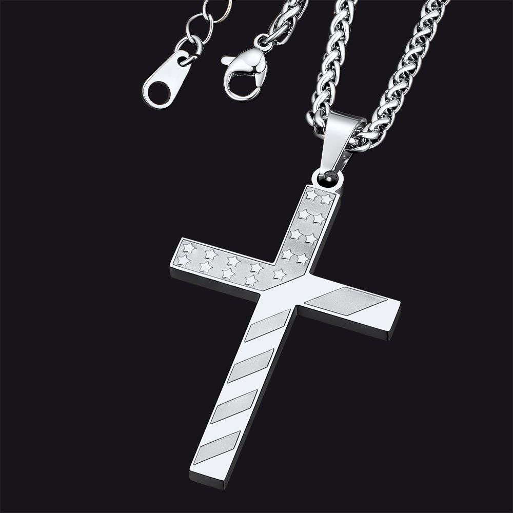 Patriotic American Flag Cross Pendant Necklace for