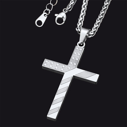 Patriotic American Flag Cross Pendant Necklace for