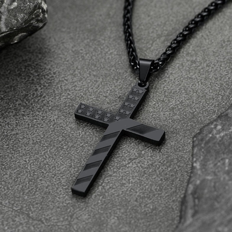 Patriotic American Flag Cross Pendant Necklace for