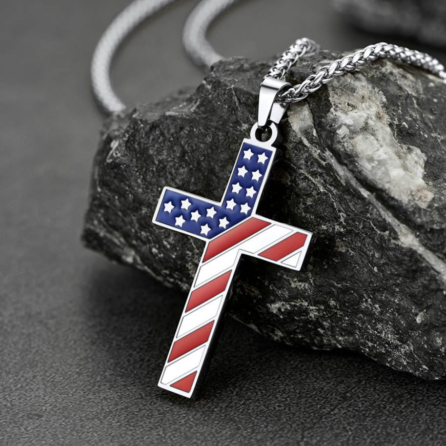 American Flag Cross Pendant Necklace for