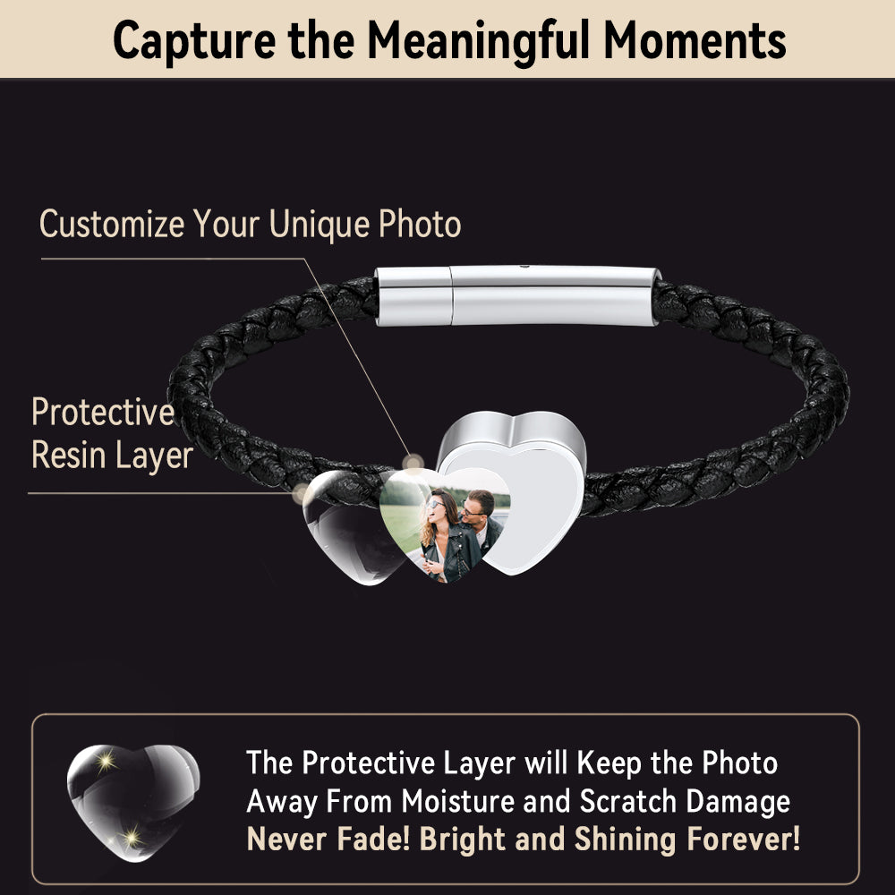 Customized Heart Black Braided Pu Leather Bracelet With Picture Memorial Gift