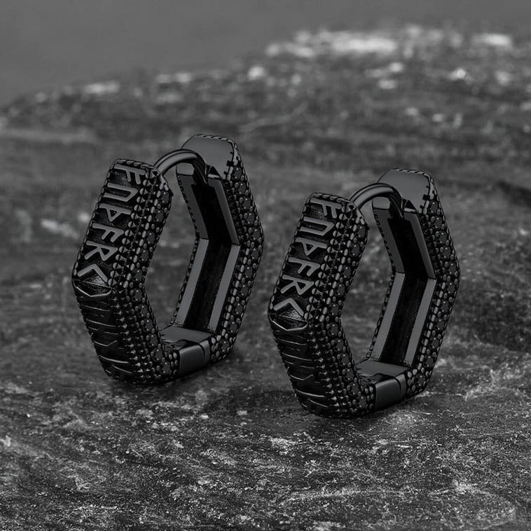 Viking Runes Hexagon Huggie Hoop Earrings for