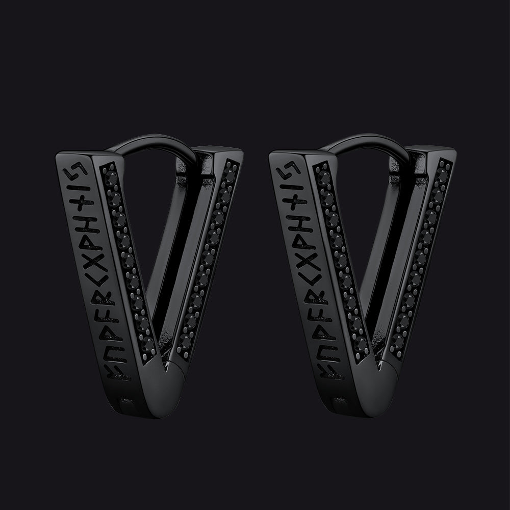 Sterling Silver Viking Triangle Huggie Hoop Earrings With Black Zirconia for