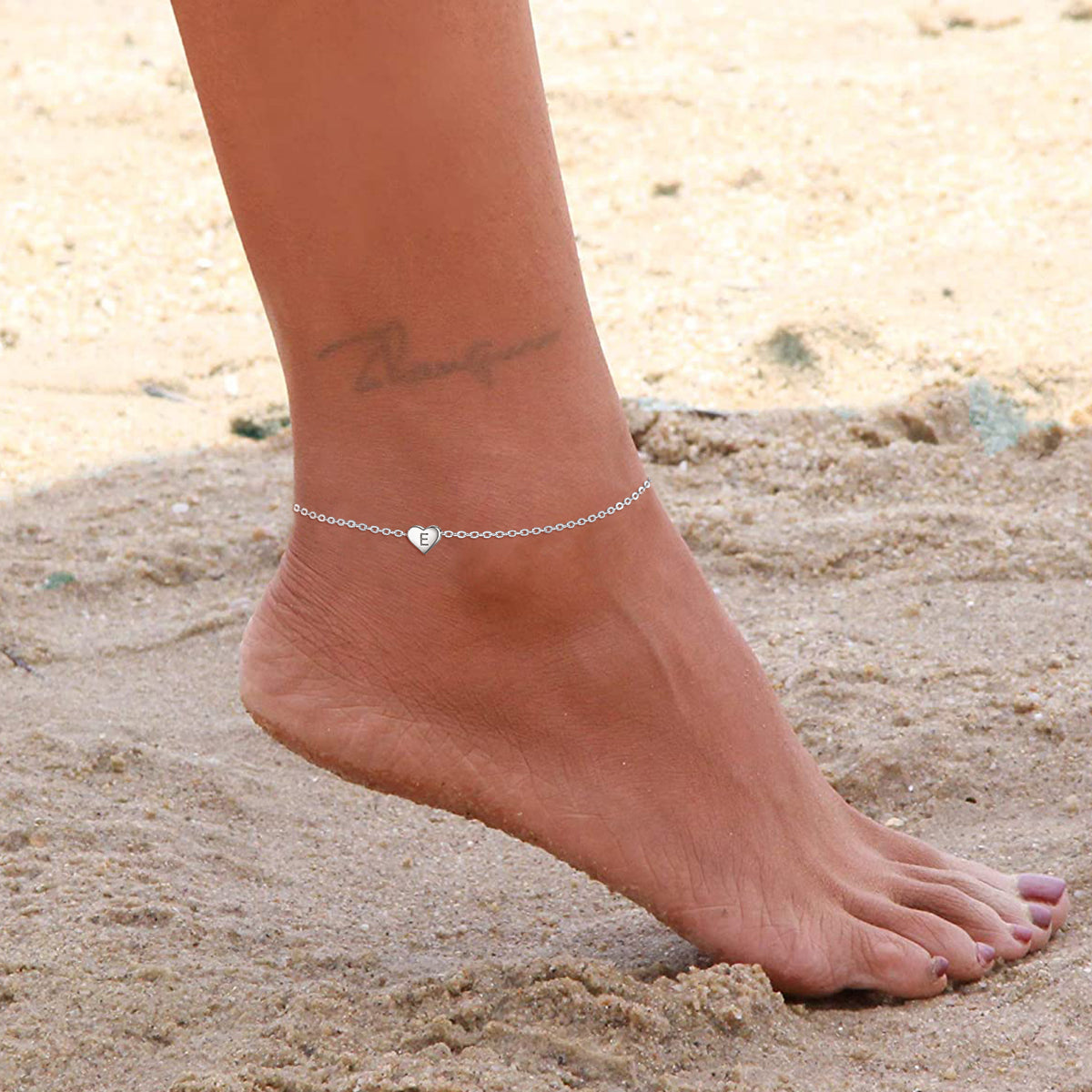 Sterling Silver Dainty Beach Heart Initial Anklet for