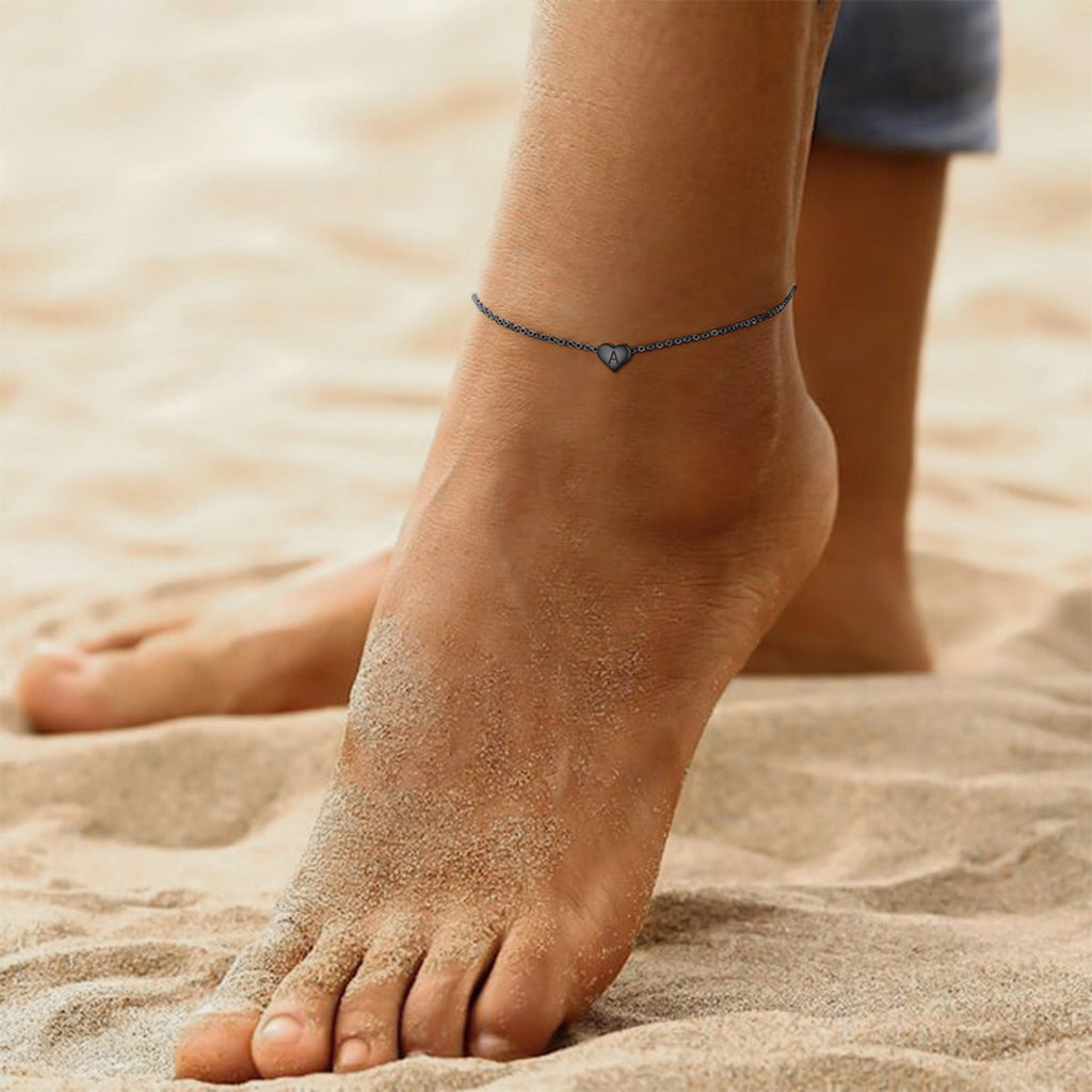 Sterling Silver Dainty Beach Heart Initial Anklet for