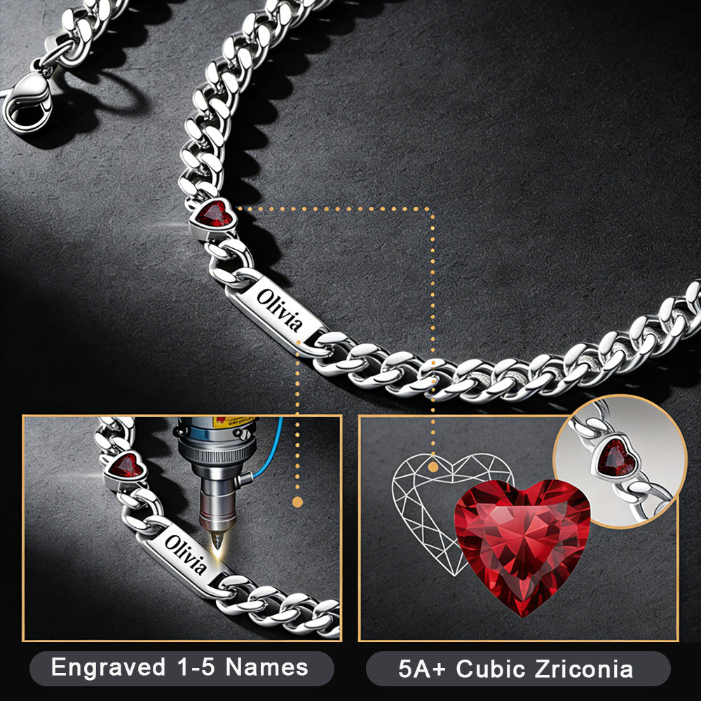 Personalized Name Cuban Chain Necklace With Heart Birthstone for Mom