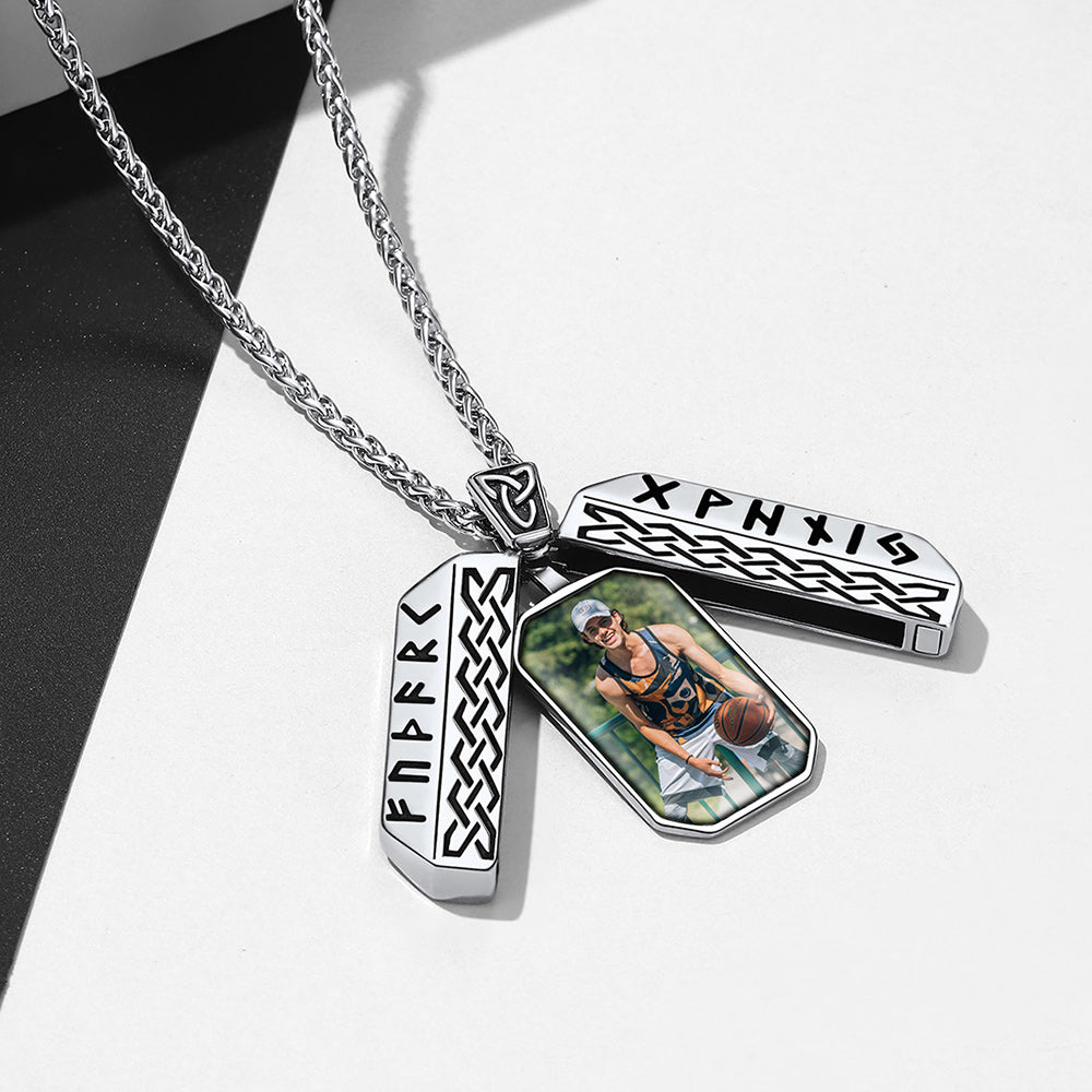 Personalized Picture Locket Dog Tag Necklace With Viking Rune for