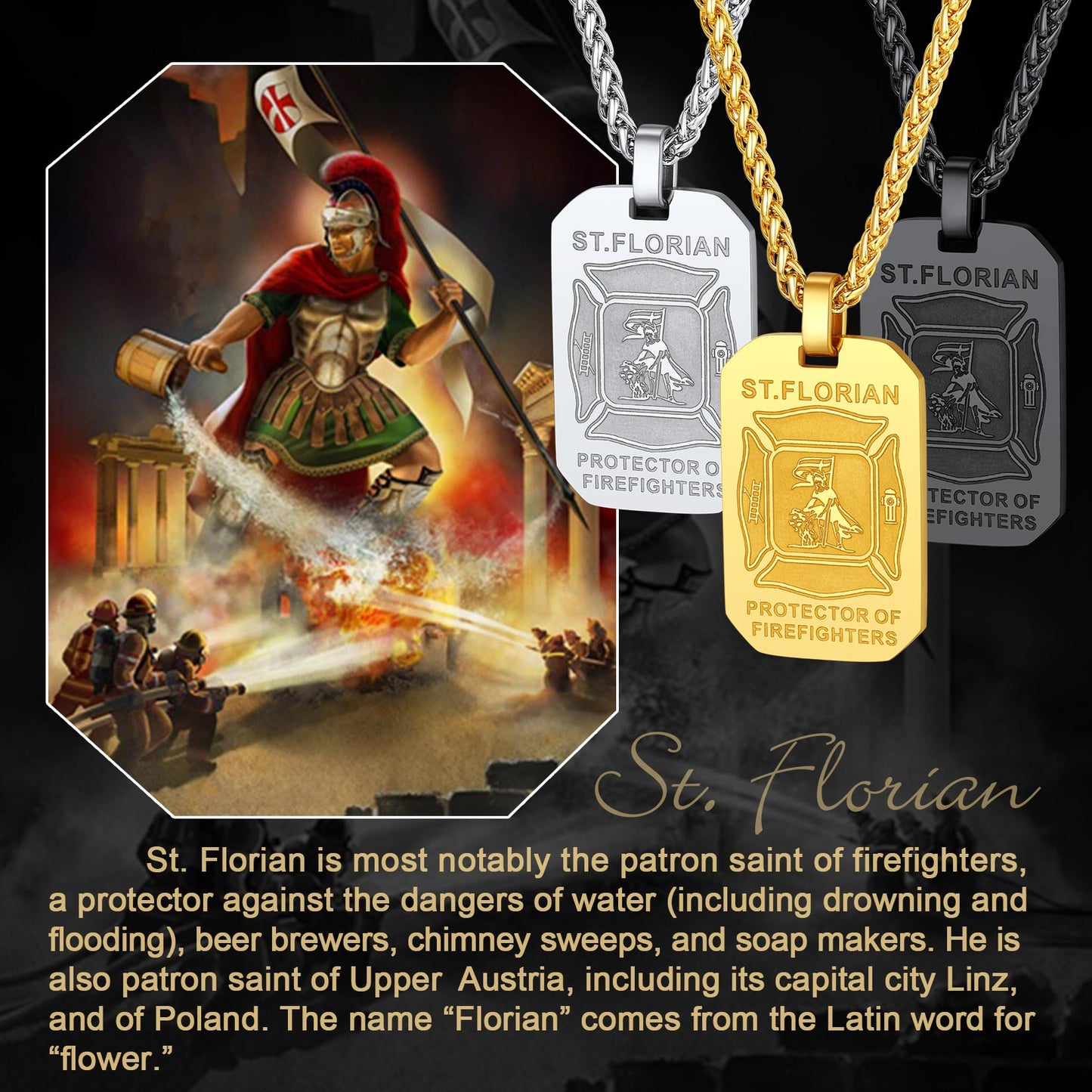 Engraved Saint Florian Firefighter Dog Tag Necklace for Firemen