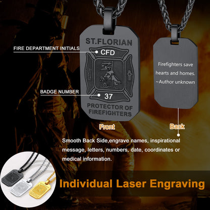 Engraved Saint Florian Firefighter Dog Tag Necklace for Firemen